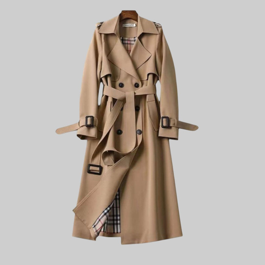 Women's belted trench coat with notched collar and checked lining