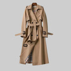 Women's belted trench coat with notched collar and checked lining