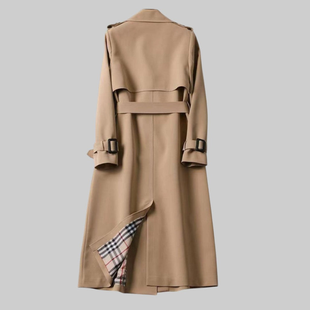Women's belted trench coat with notched collar and checked lining