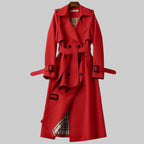 Women's belted trench coat with notched collar and checked lining