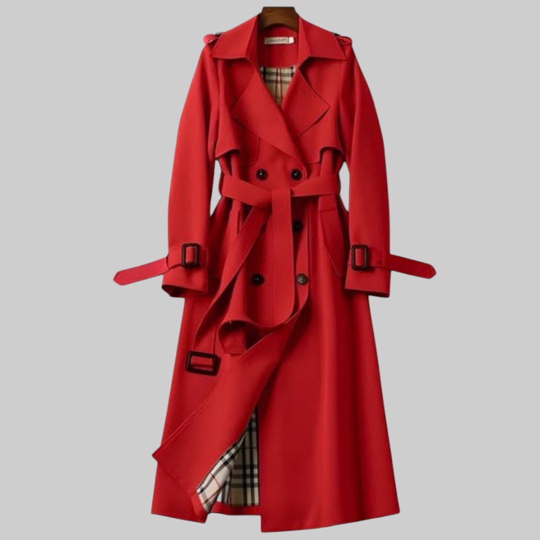 Women's belted trench coat with notched collar and checked lining