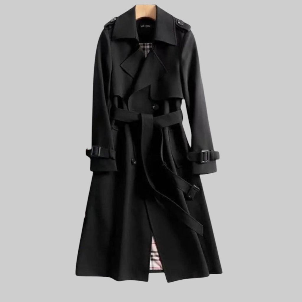 Women's belted trench coat with notched collar and checked lining
