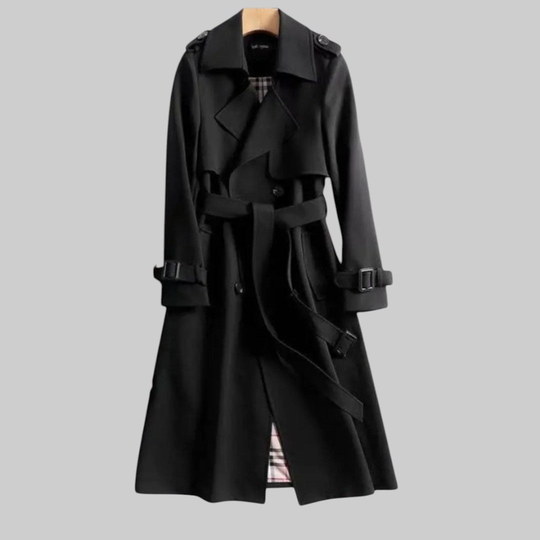 Women's belted trench coat with notched collar and checked lining