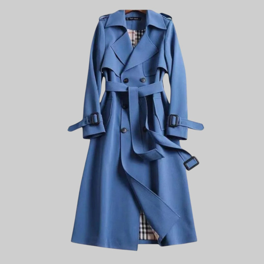 Women's belted trench coat with notched collar and checked lining