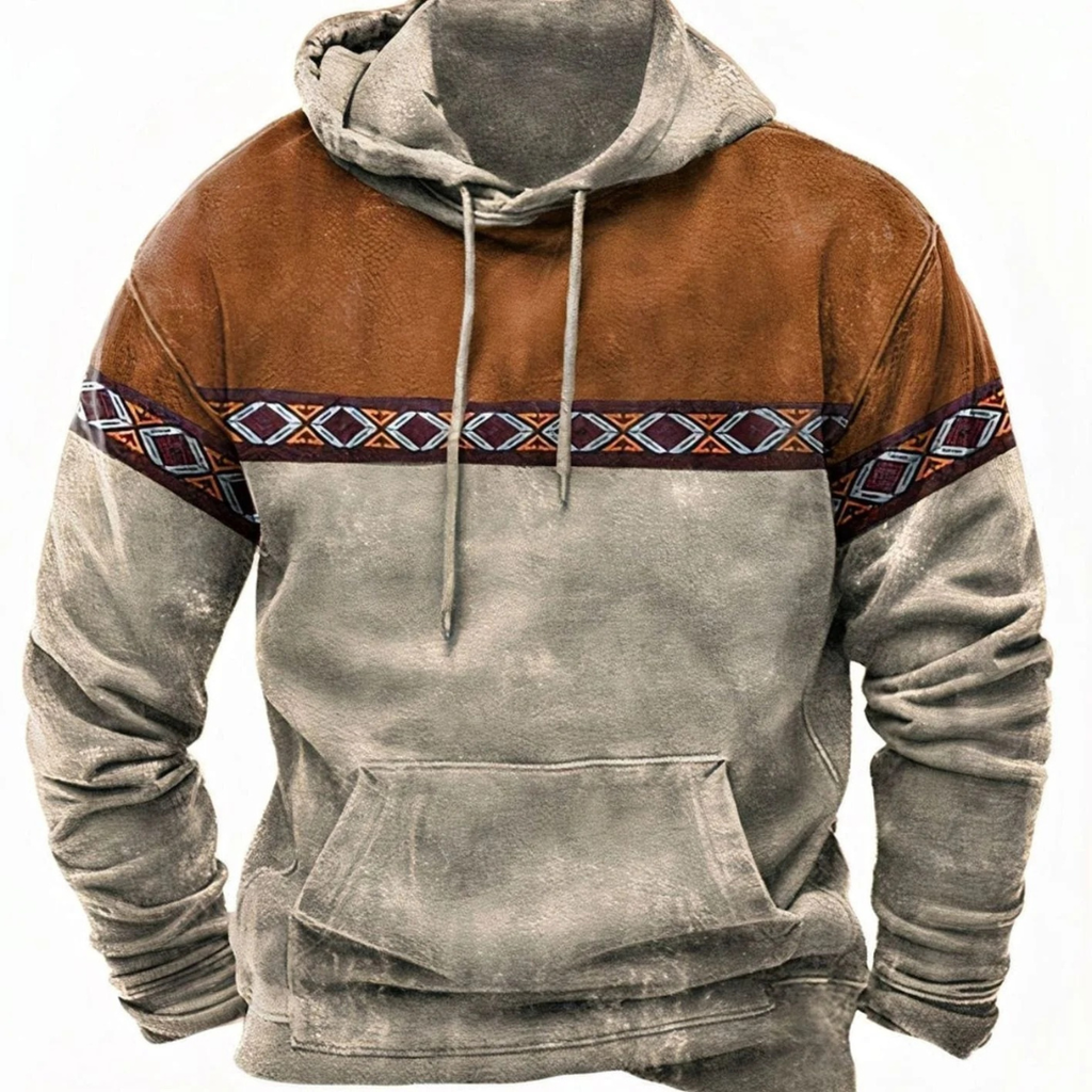 Men's geometric patterned pullover hoodie with hood, drawstrings and kangaroo pocket