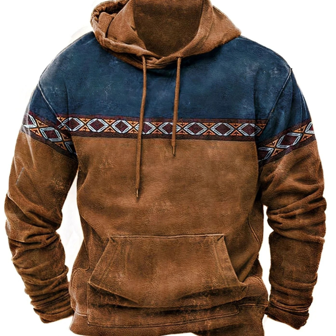 Men's geometric patterned pullover hoodie with hood, drawstrings and kangaroo pocket