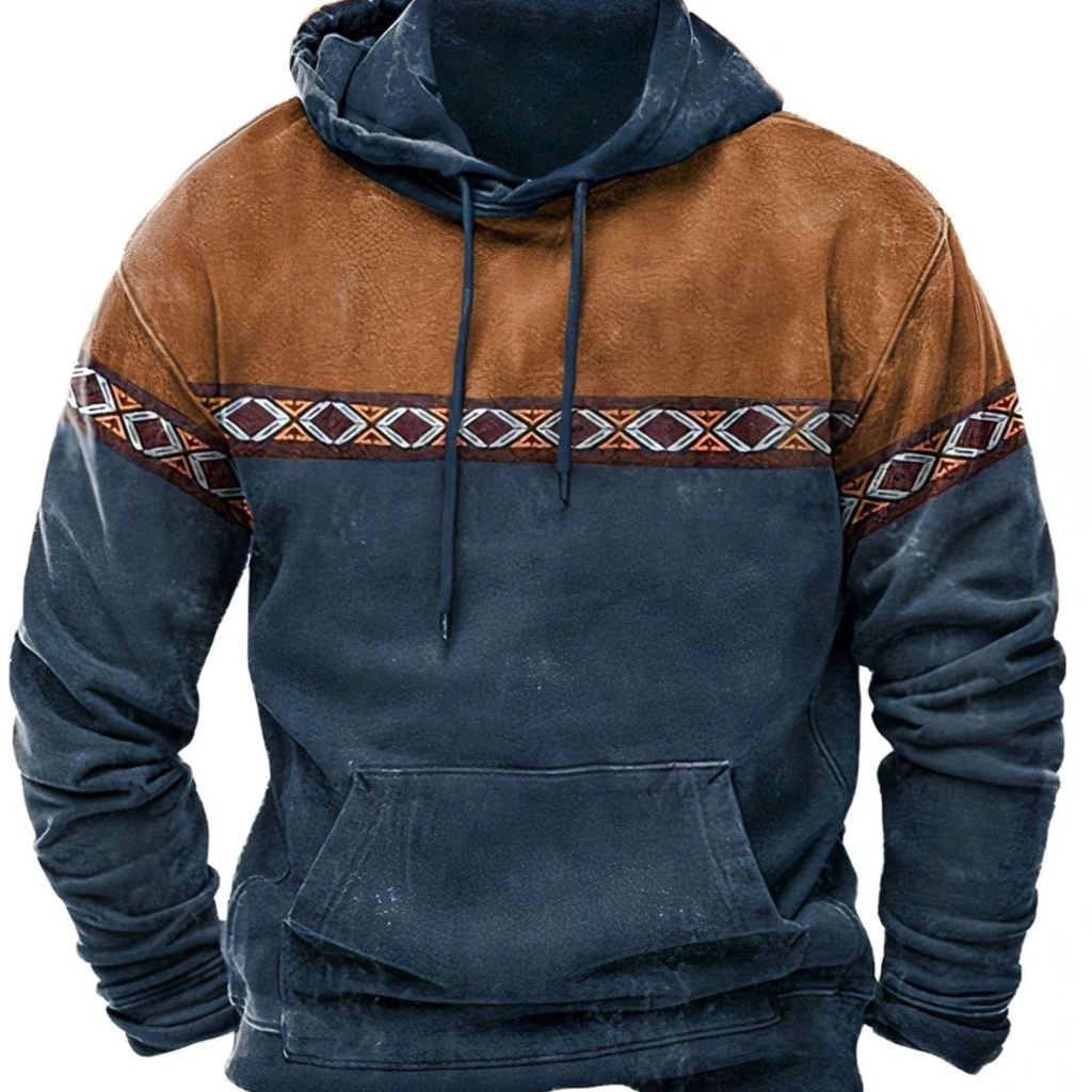 Men's geometric patterned pullover hoodie with hood, drawstrings and kangaroo pocket
