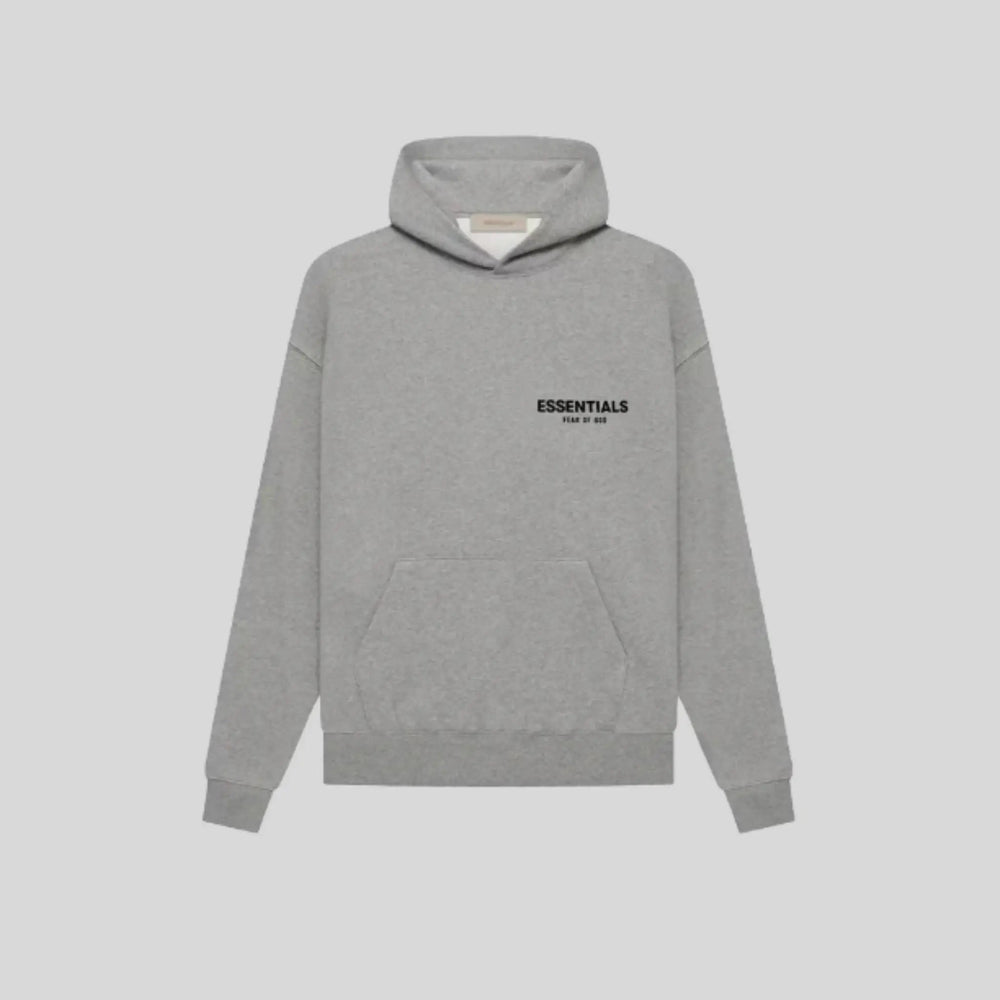 Gray pullover hoodie with hood, kangaroo pocket and logo graphics