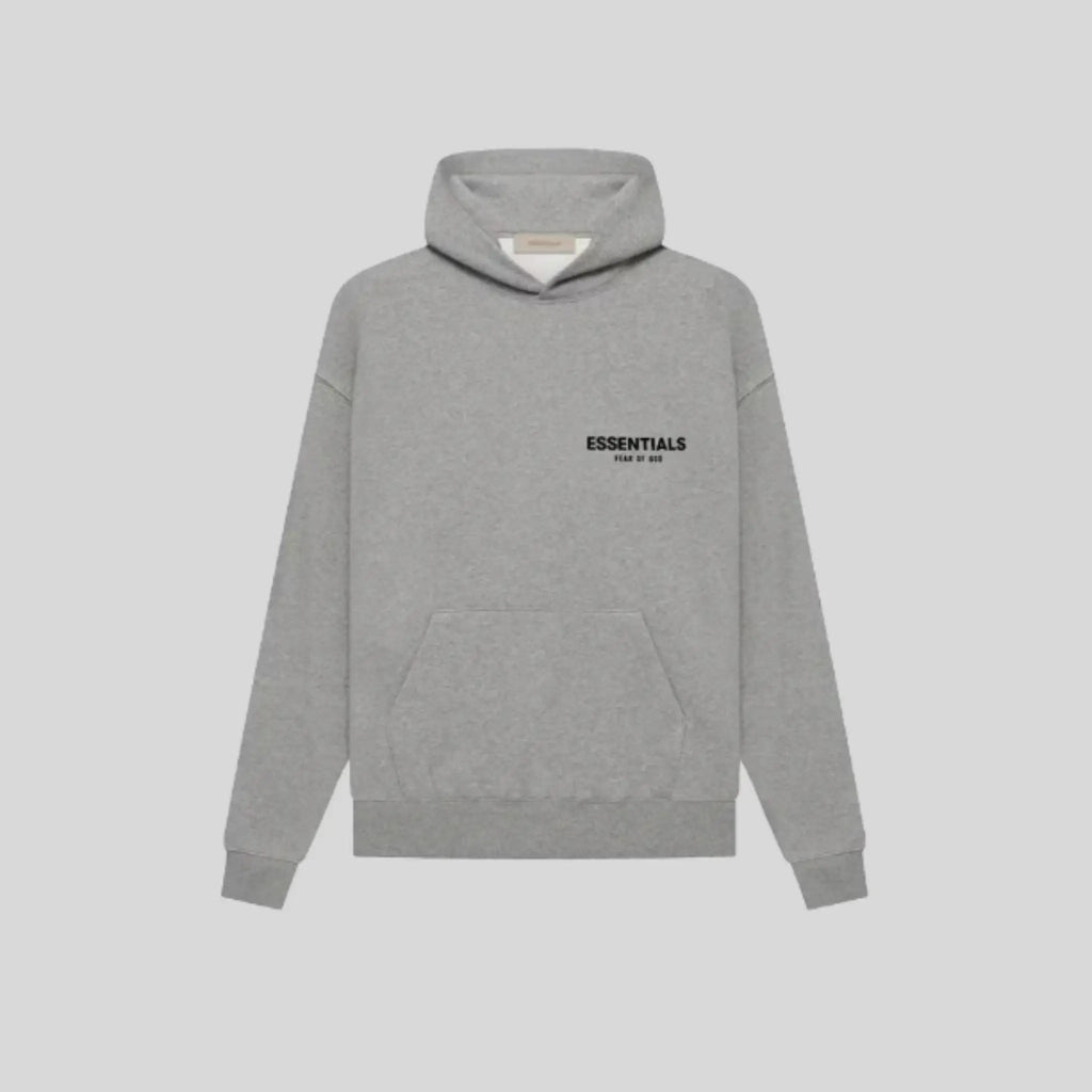 Gray pullover hoodie with hood, kangaroo pocket and logo graphics