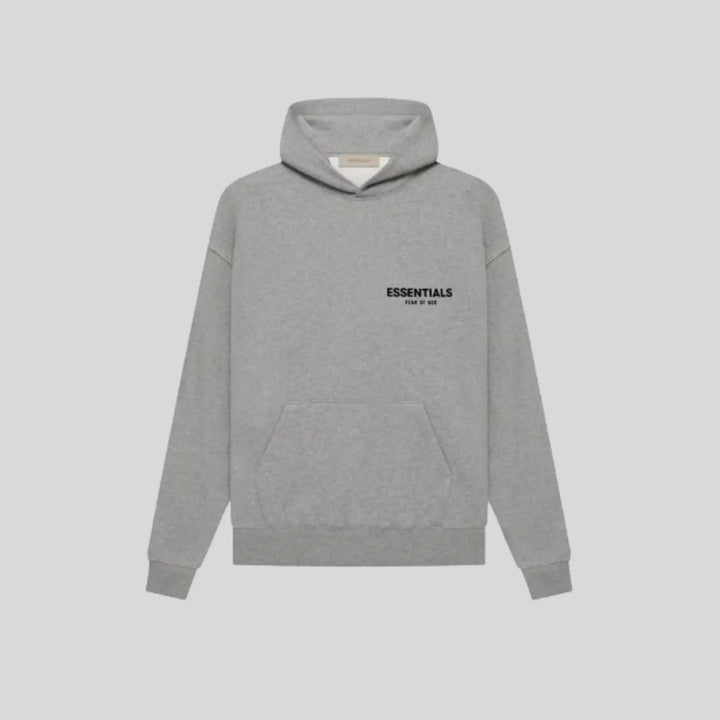 Gray pullover hoodie with hood, kangaroo pocket and logo graphics