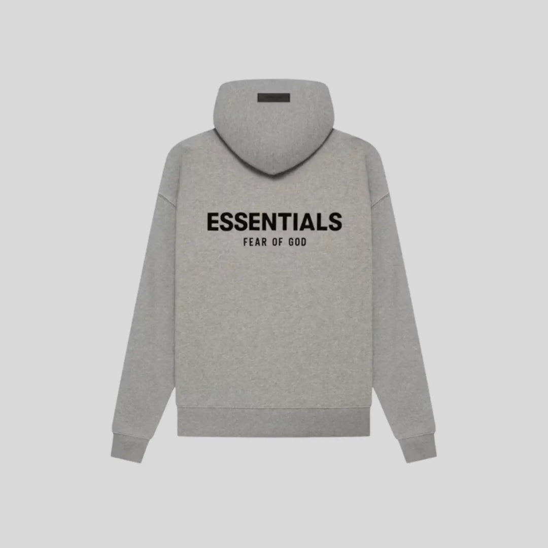 Gray pullover hoodie with hood, kangaroo pocket and logo graphics