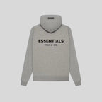 Gray pullover hoodie with hood, kangaroo pocket and logo graphics