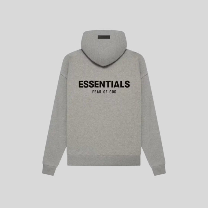 Gray pullover hoodie with hood, kangaroo pocket and logo graphics
