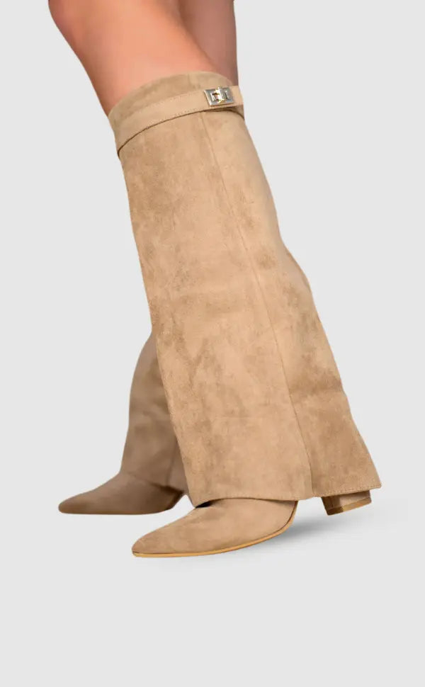 Women's mid-calf boots with pointed toes, buckle straps and block heels