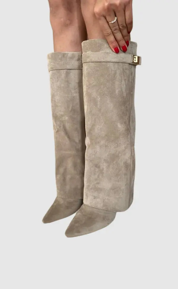 Women's mid-calf boots with pointed toes, buckle straps and block heels