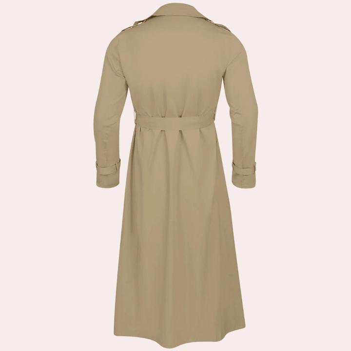 Men's long double-breasted trench coat with belted waist