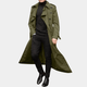 Men's green long double-breasted trench coat with belted waist
