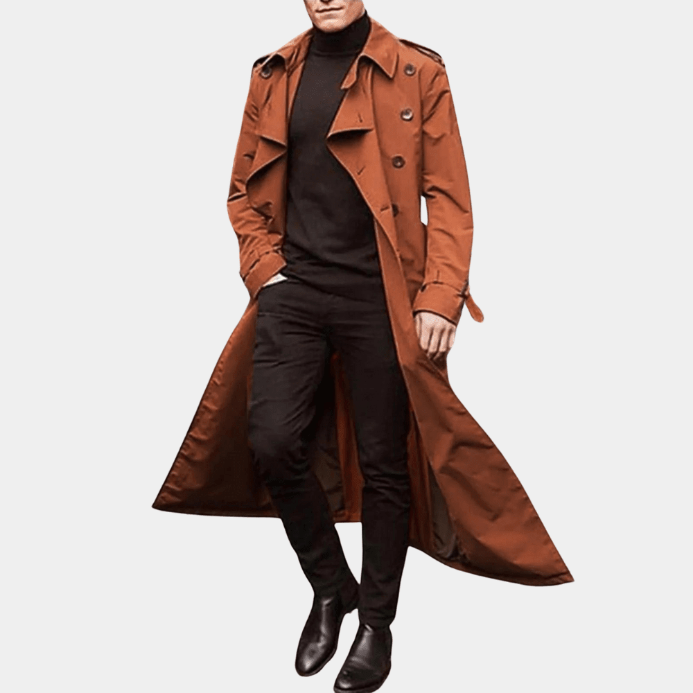 Men's orange long double-breasted trench coat with belted waist