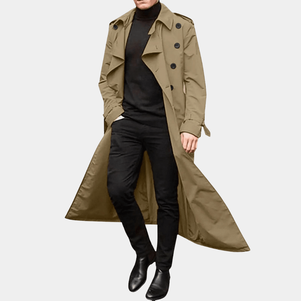 Men's khaki long double-breasted trench coat with belted waist