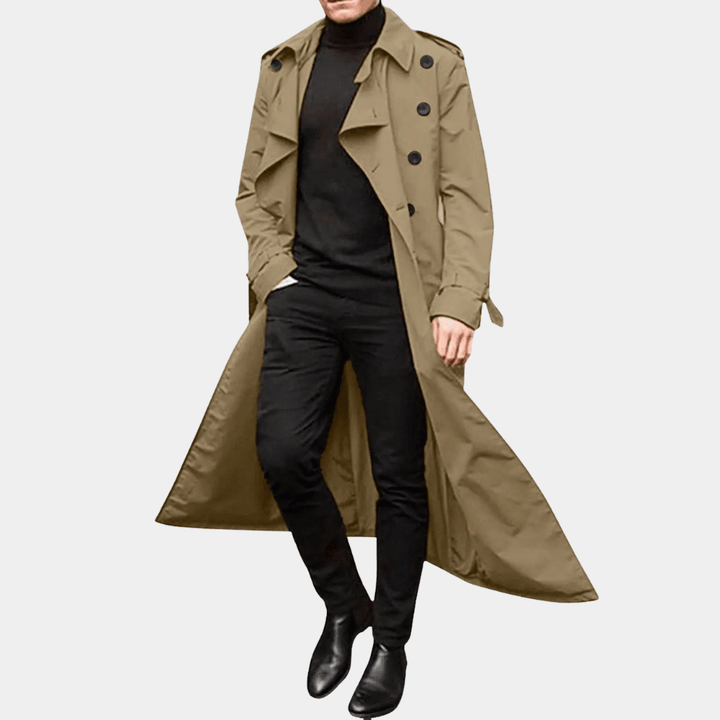 Men's khaki long double-breasted trench coat with belted waist