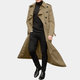 Men's khaki long double-breasted trench coat with belted waist