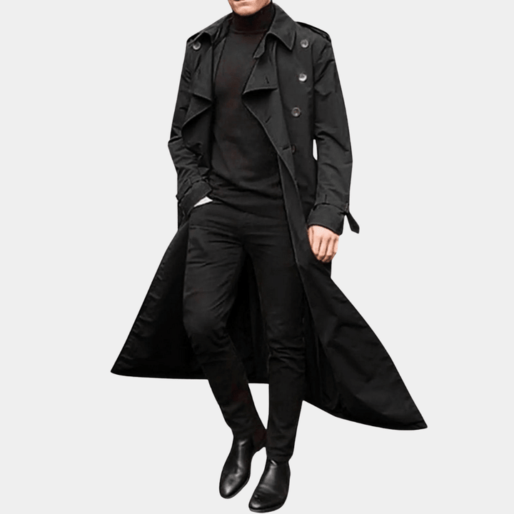 Men's black long double-breasted trench coat with belted waist