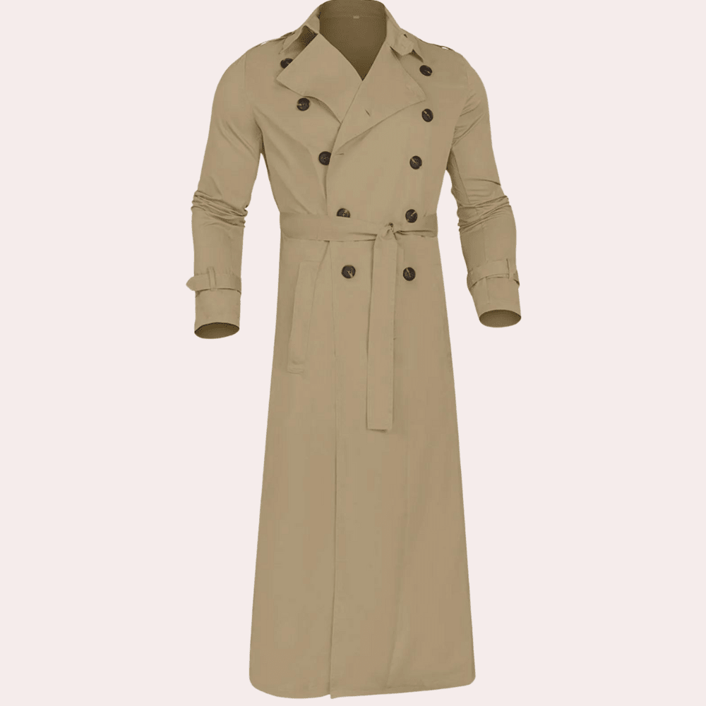 Men's long double-breasted trench coat with belted waist
