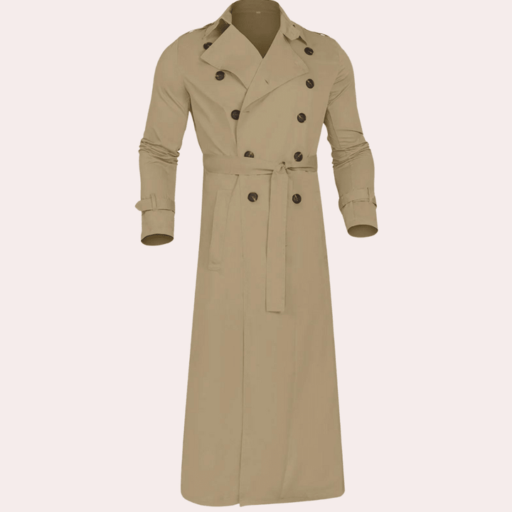 Men's long double-breasted trench coat with belted waist