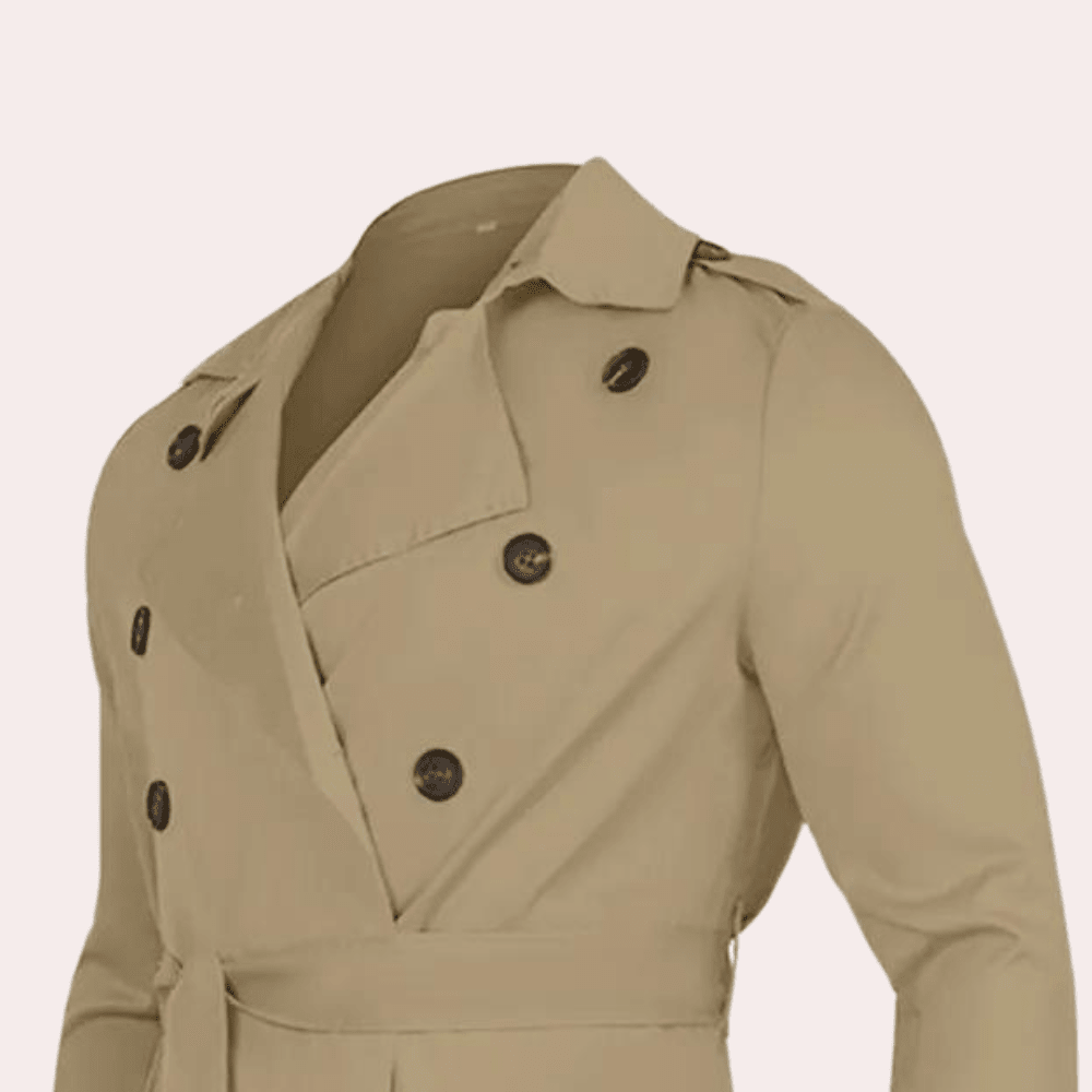 Men's long double-breasted trench coat with belted waist