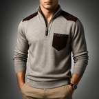 Men's ribbed knit quarter-zip jumper with mock neck, chest pocket and shoulder panels