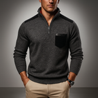 Men's ribbed knit quarter-zip jumper with mock neck, chest pocket and shoulder panels