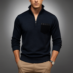 Men's ribbed knit quarter-zip jumper with mock neck, chest pocket and shoulder panels