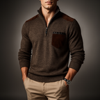 Men's ribbed knit quarter-zip jumper with mock neck, chest pocket and shoulder panels