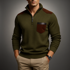 Men's ribbed knit quarter-zip jumper with mock neck, chest pocket and shoulder panels