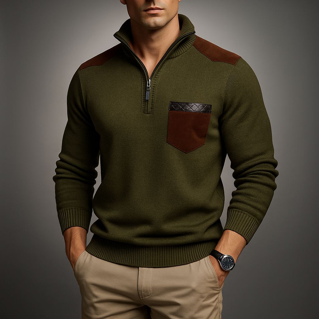 Men's ribbed knit quarter-zip jumper with mock neck, chest pocket and shoulder panels