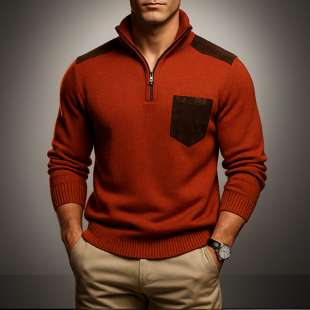 Men's ribbed knit quarter-zip jumper with mock neck, chest pocket and shoulder panels