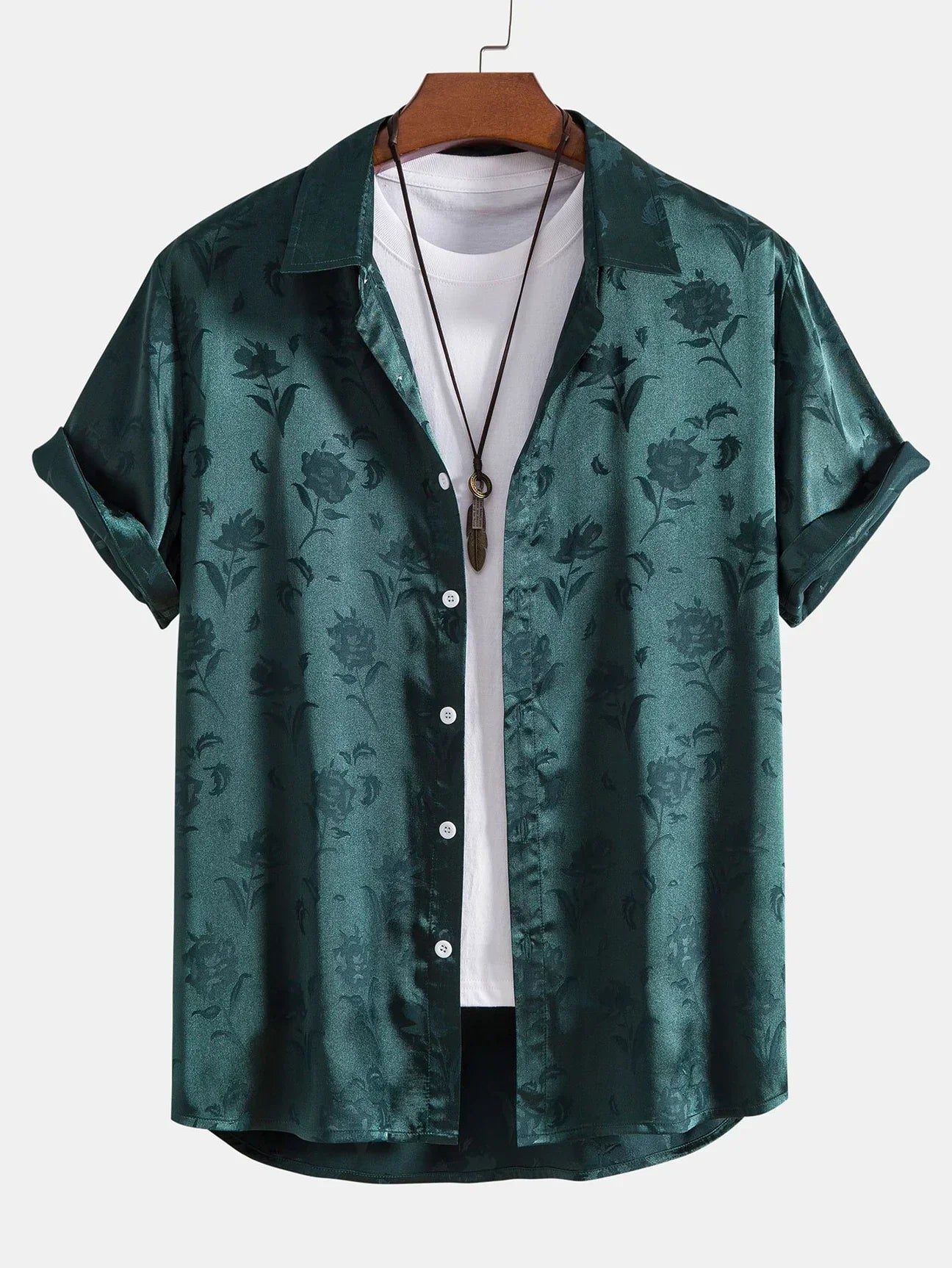 Men's floral short sleeve shirt with point collar and button front