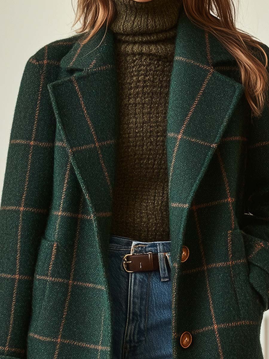 Women's dark green checked plaid long coat with notch lapels and button front