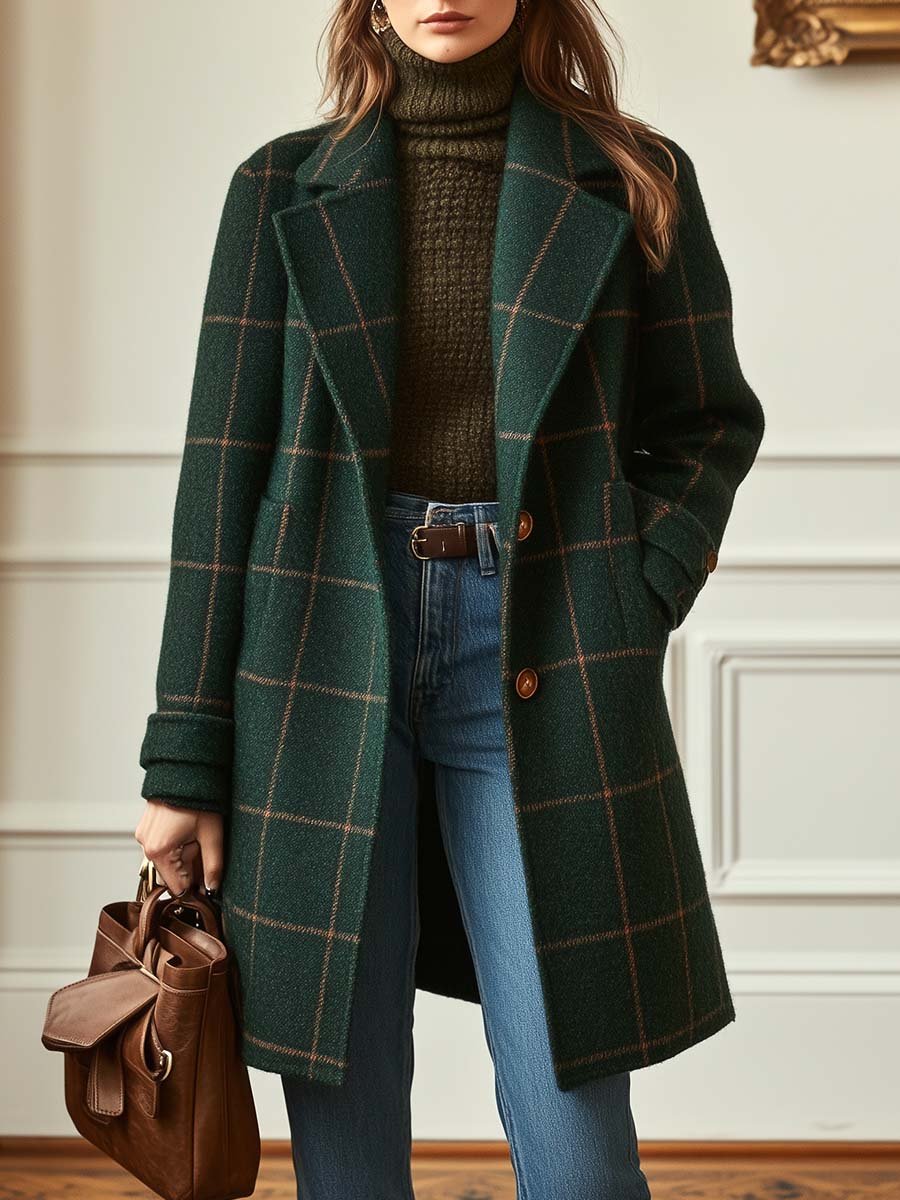 Women's dark green checked plaid long coat with notch lapels and button front