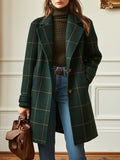 Women's dark green checked plaid long coat with notch lapels and button front