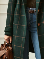 Women's dark green checked plaid long coat with notch lapels and button front