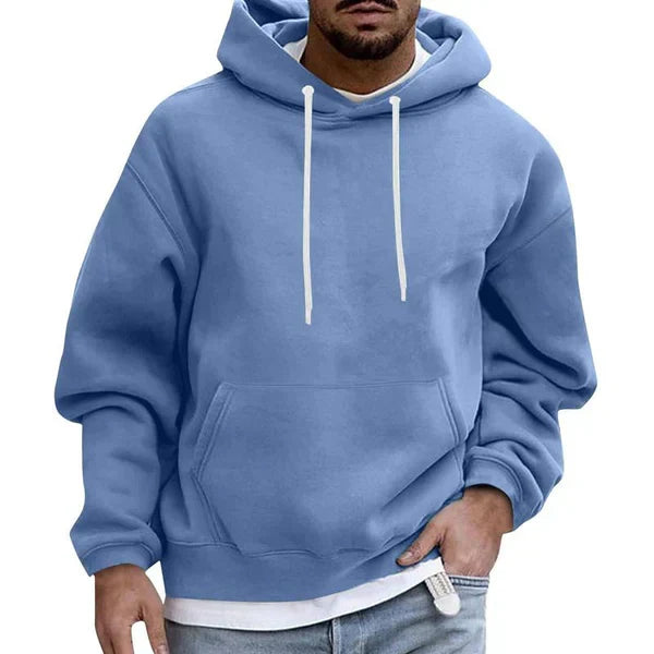 Men's plain pullover hoodie with drawstring hood, long sleeves and front kangaroo pocket