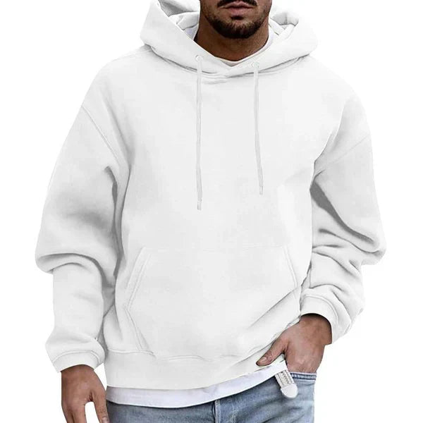 Men's plain pullover hoodie with drawstring hood, long sleeves and front kangaroo pocket