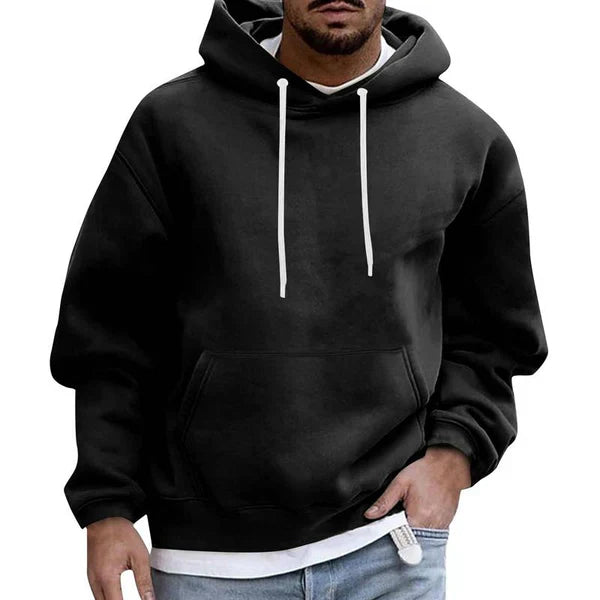 Men's plain pullover hoodie with drawstring hood, long sleeves and front kangaroo pocket