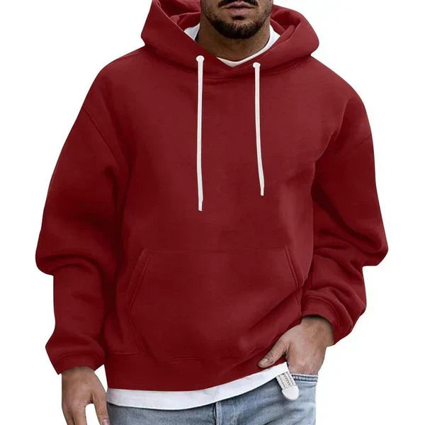 Men's plain pullover hoodie with drawstring hood, long sleeves and front kangaroo pocket