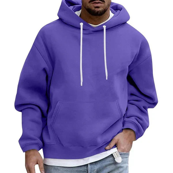 Men's plain pullover hoodie with drawstring hood, long sleeves and front kangaroo pocket