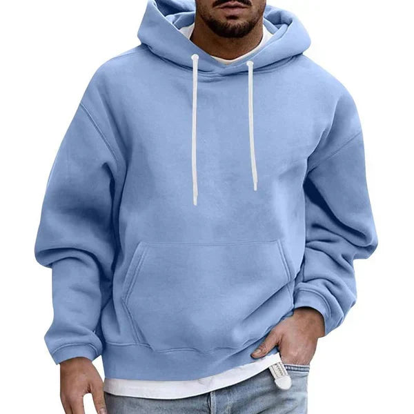 Men's plain pullover hoodie with drawstring hood, long sleeves and front kangaroo pocket