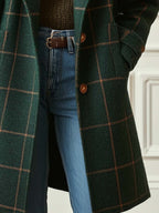 Women's dark green checked plaid long coat with notch lapels and button front