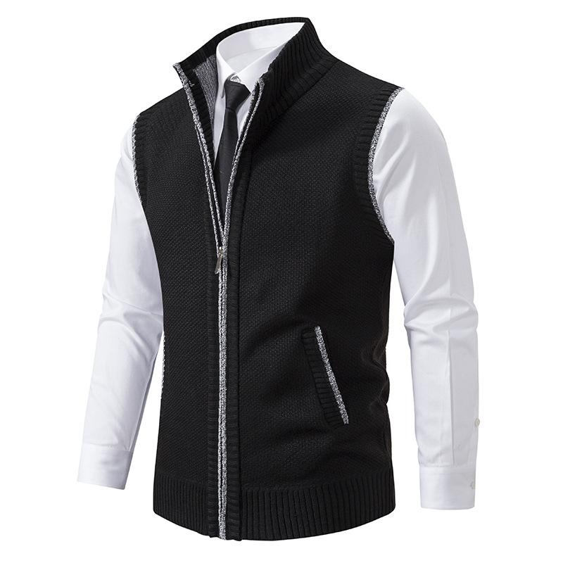 Men's knitted zip-front vest with high collar and pockets