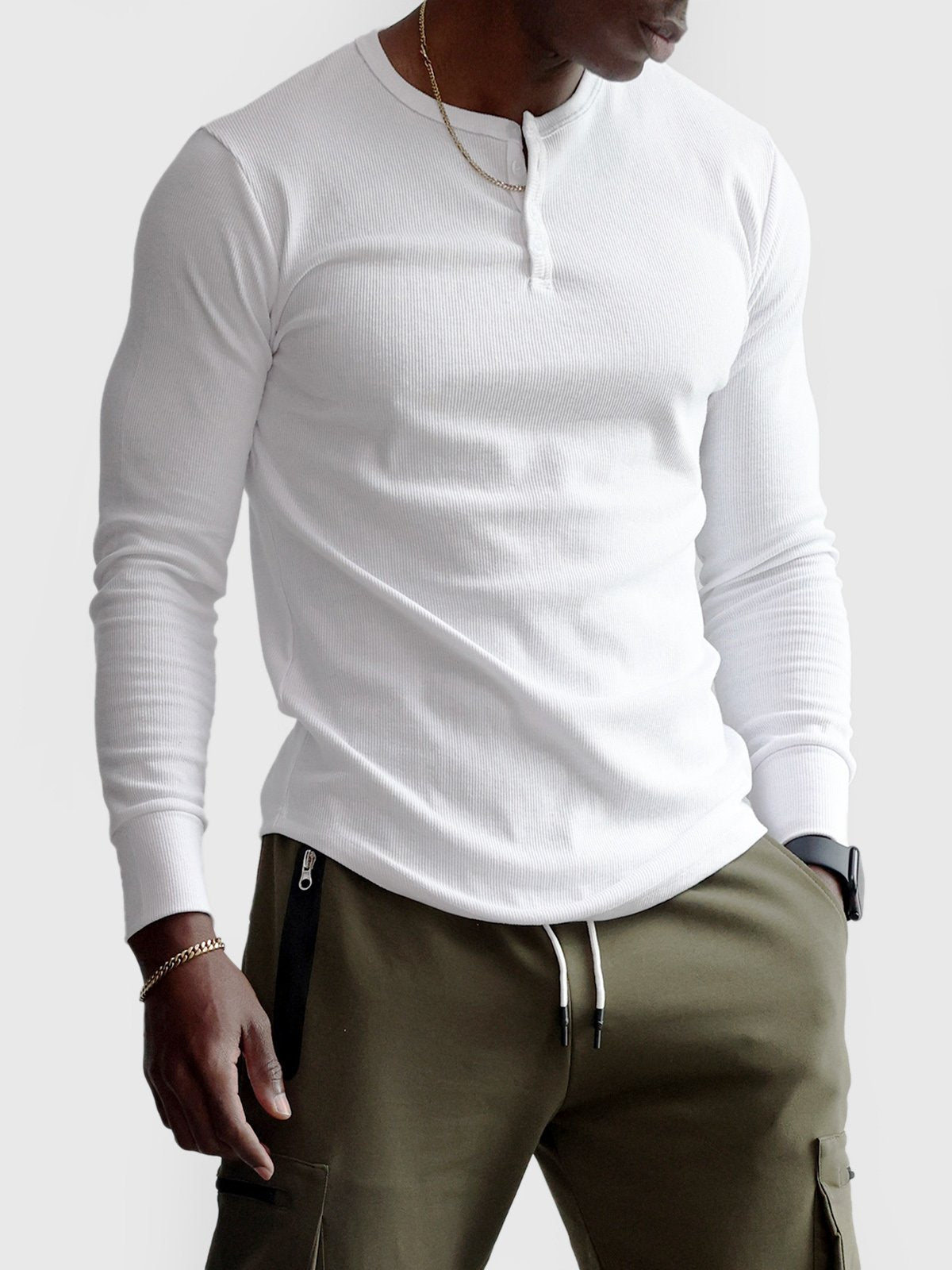 Men's ribbed henley sweater with long sleeves and button placket